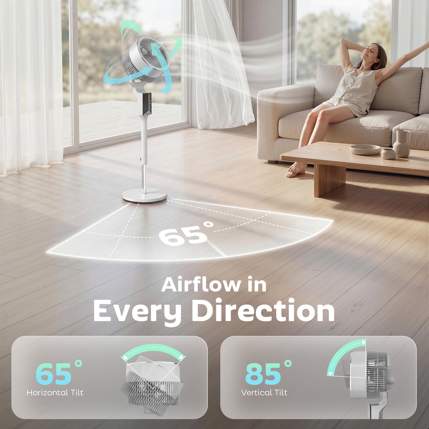 20 dB Silent Standing Fan for Bedroom, 46" Pedestal Fan with Remote, 85° Oscillating, 8 Speeds, White