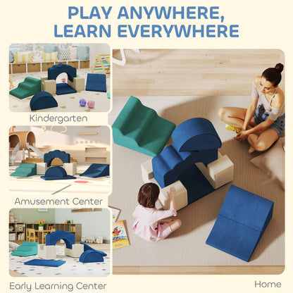 7 Piece Kids Soft Play Set with Detachable Cover, Baby Indoor Climb and Crawl Foam Toy for Toddlers, Dark Blue