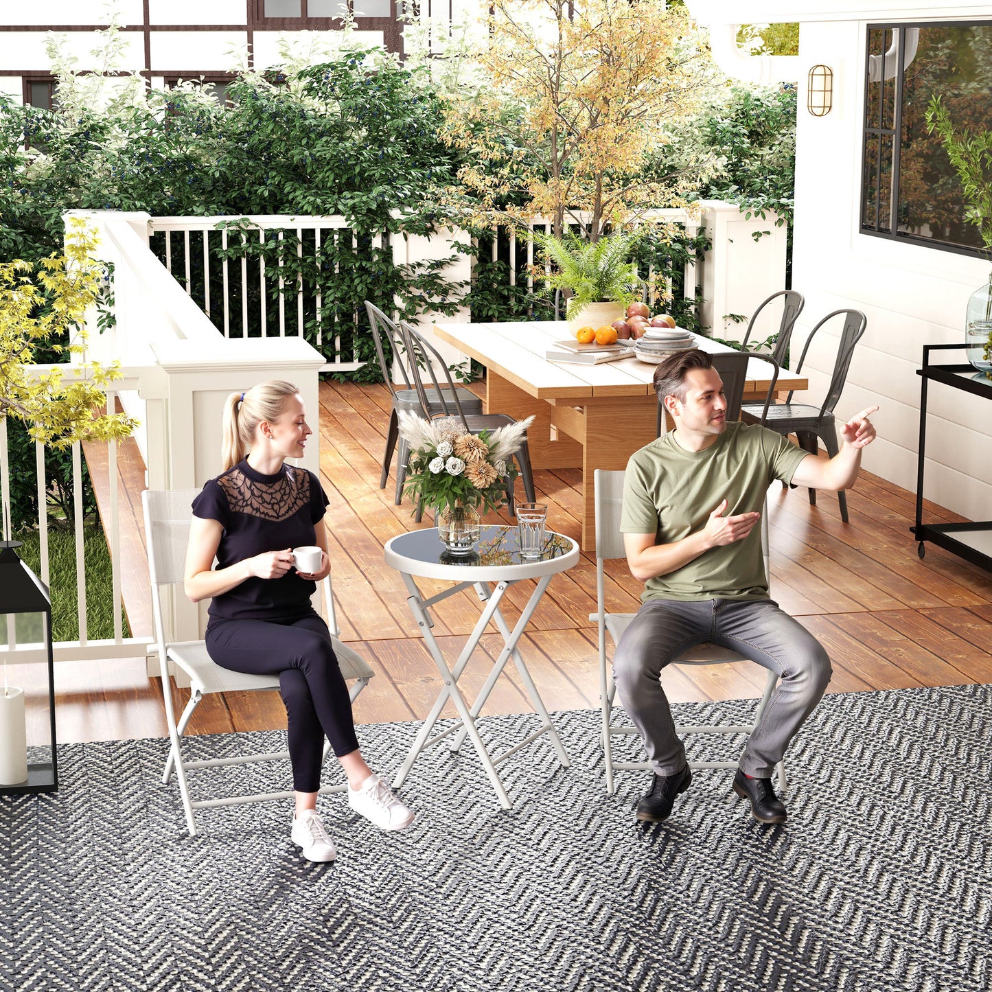 3 Pieces Outdoor Bistro Set, Glass Top Outdoor Table and 2 Folding Chairs with Protecting Feet, White