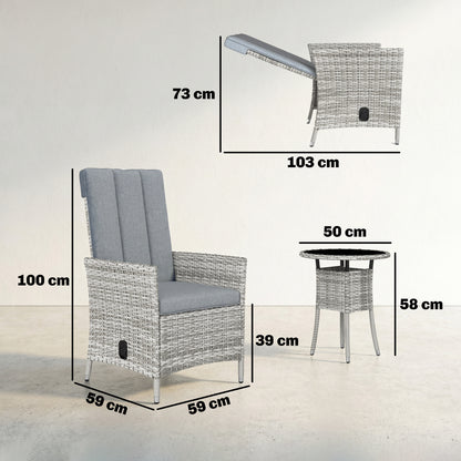 Rattan Bistro Set, Reclining Garden Chairs and Glass Coffee Table with Cushions for Patio Balcony Porch, Light Grey