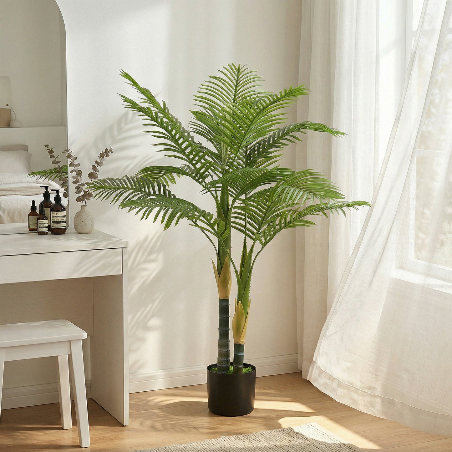 Artificial Palm Tree with 14 PEVA Leaves, 120cm Decorative Artificial Plant with Pot and Moss Effect, Green