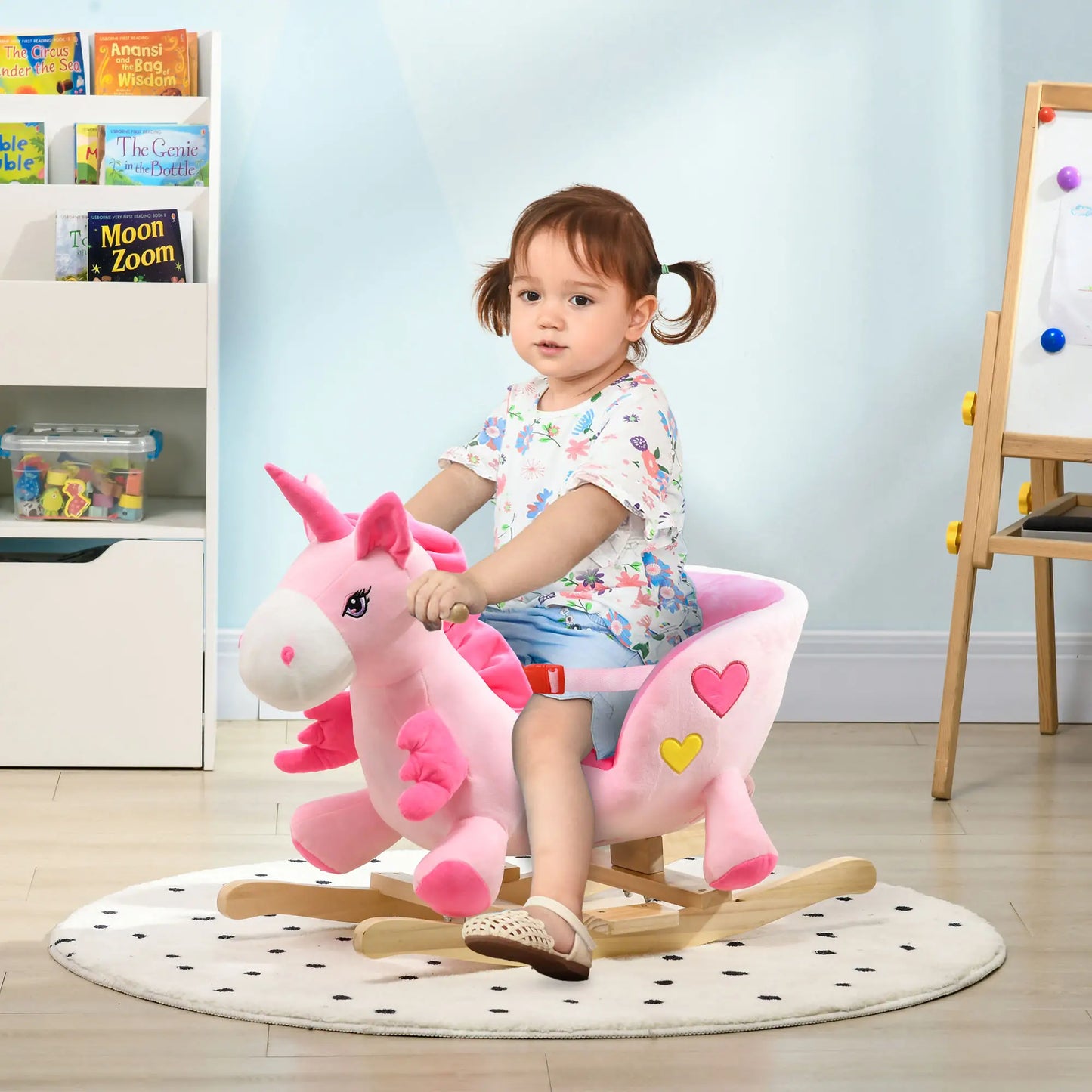 Pink Unicorn Style Ride on Rocking Horse with Safety Belt and Wooden Base