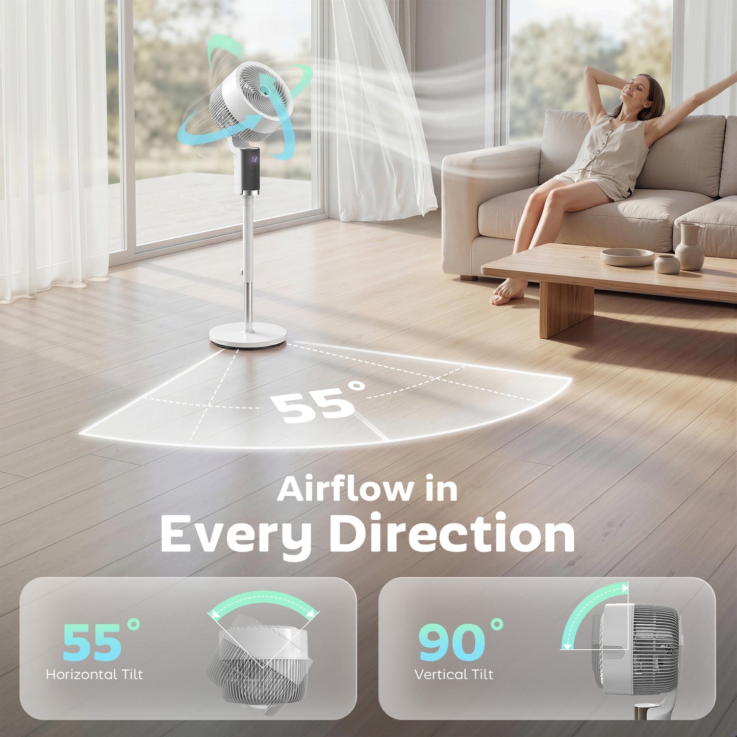 20 dB Silent Standing Fan for Bedroom, 44" Pedestal Fan with 90° Oscillating, 8 Speeds and LED Light, White