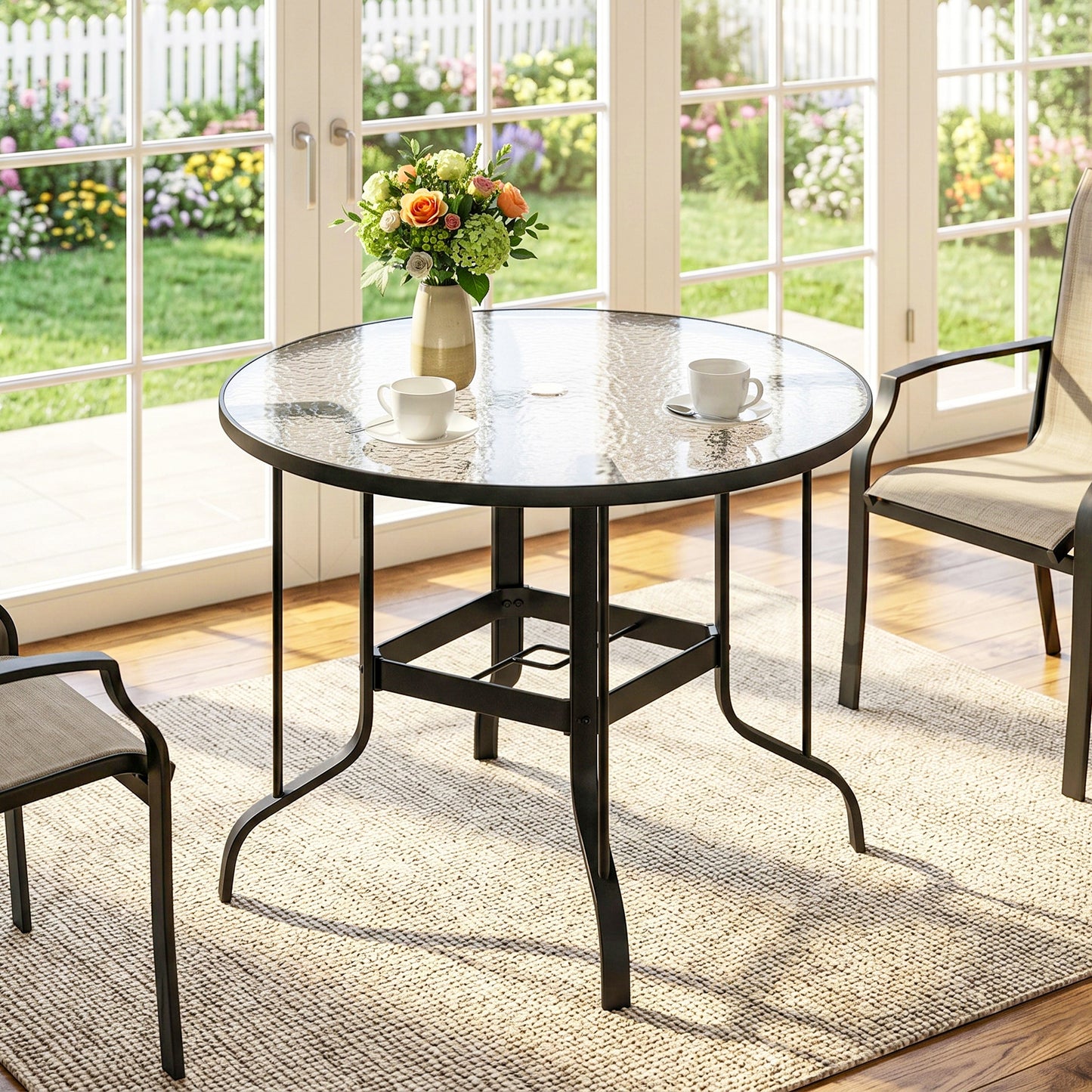 Tempered Glass Top Round Outdoor Dining Table with Parasol Hole, 96.5 x 96.5 x 71 cm