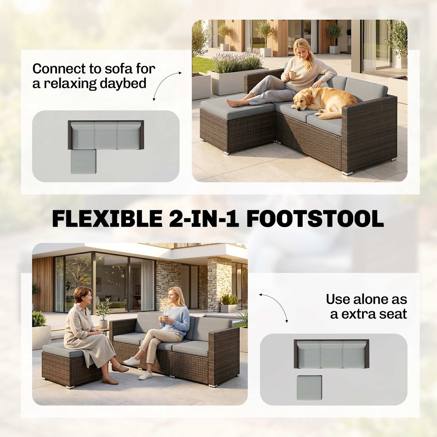 3 Pieces Garden Furniture Set w/ Cushions, PE Rattan Wicker Conversation Corner Sofa Set, Light Grey