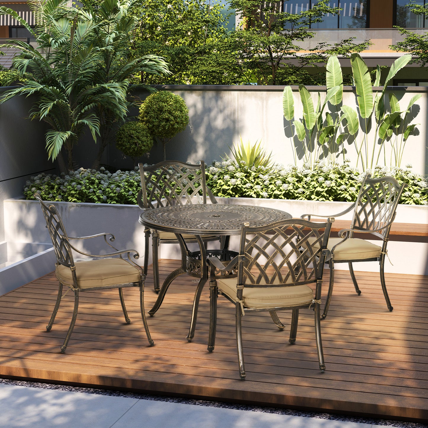 4 Seater Outdoor Dining Set Antique Cast Aluminium Garden Furniture Set with Cushions Round Dining Table with Parasol Hole