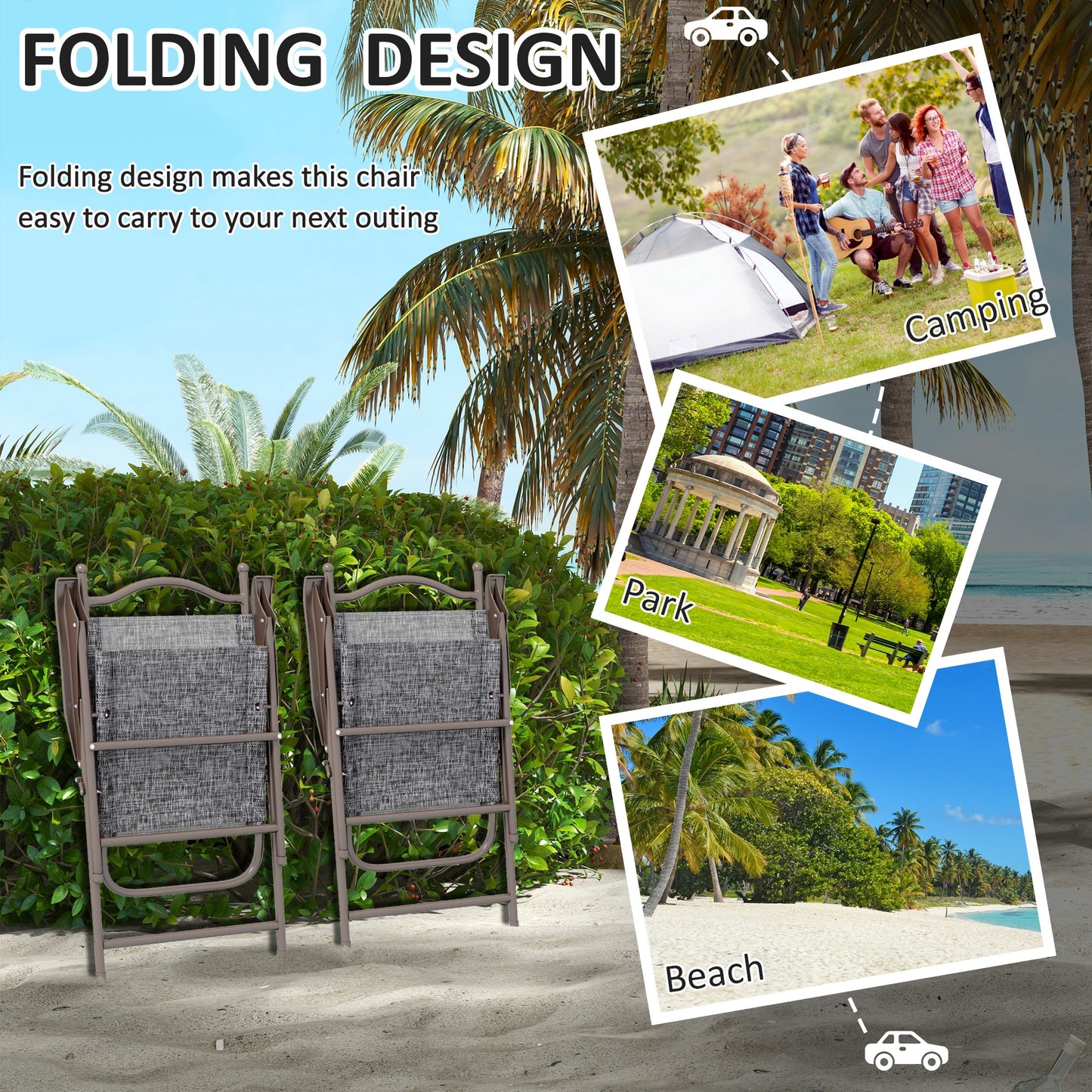 Set of Two Folding Garden Chairs, with Fabric Mesh Seats - Grey