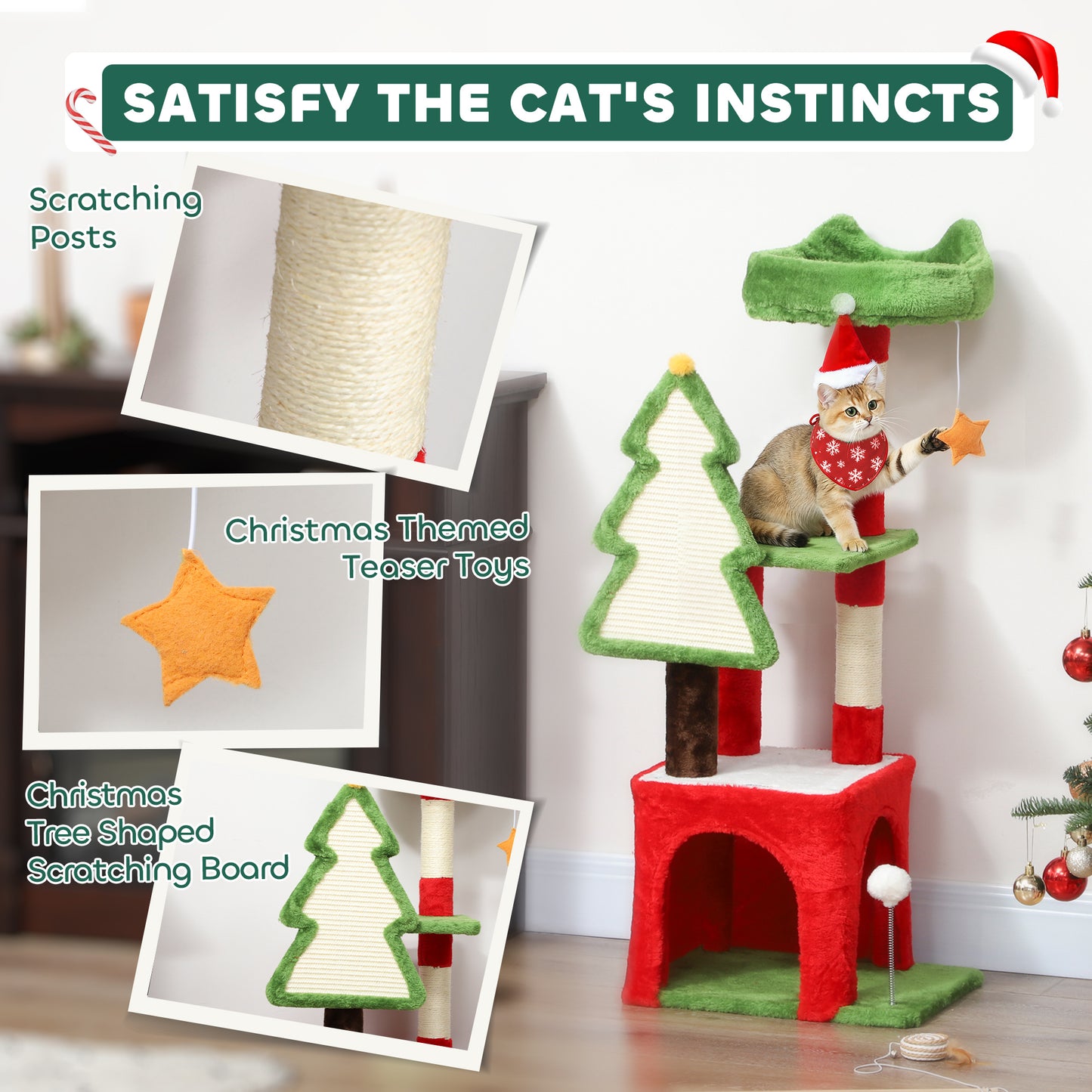 Christmas Cat Tree, 120cm Cat Tower with Scratching Post & Board, Platform, Toys, Green