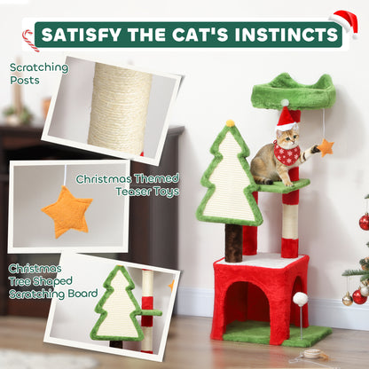 Christmas Cat Tree, 120cm Cat Tower with Scratching Post & Board, Platform, Toys, Green