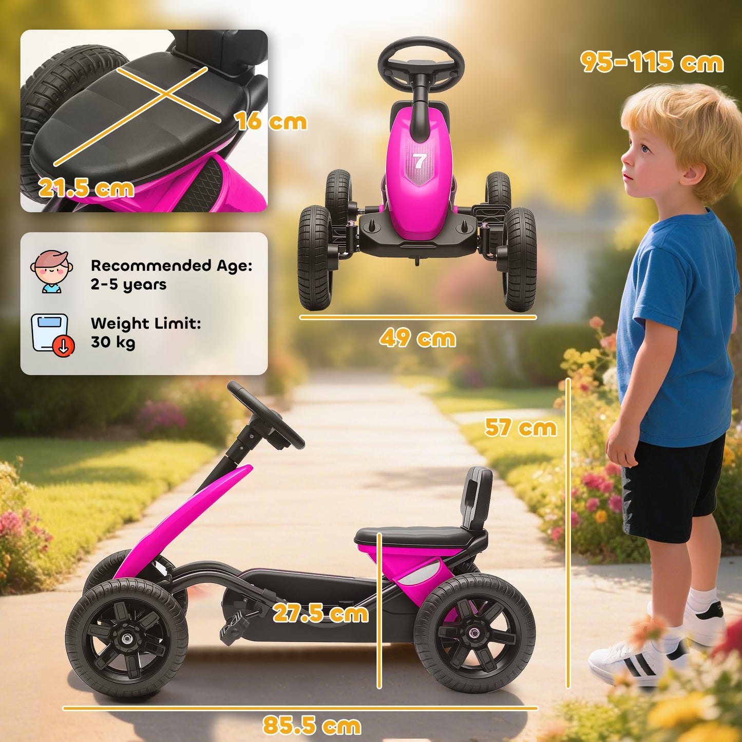 Pedal Go Kart for Kids 2-5 Years, with Silent EVA Wheels, Metal Frame, Pink