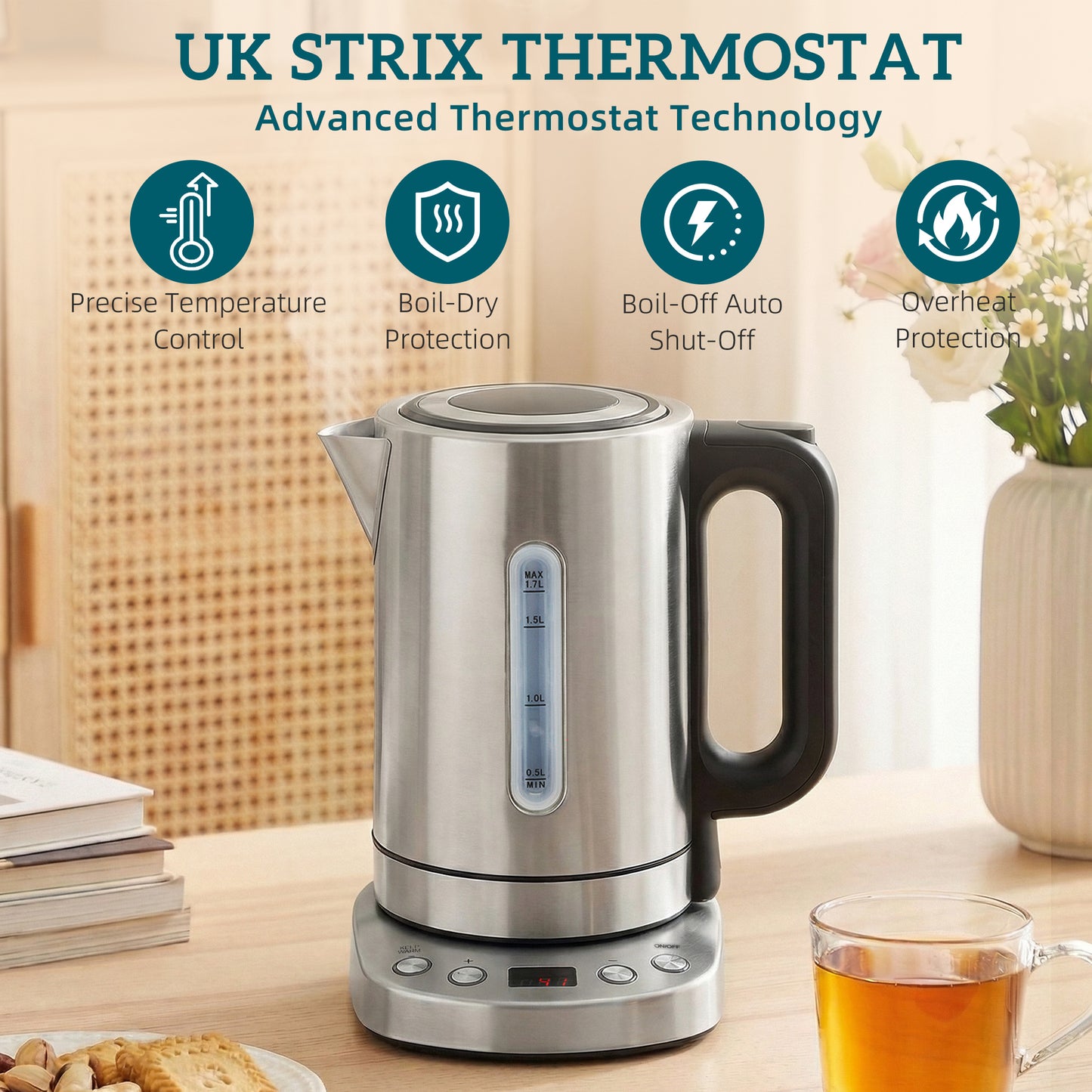 Electric Kettle, 1.7L, Fast Boil, 3kW Water Kettle with UK Strix Thermostat, Keep Warm Function, LCD Base, Silver Tone