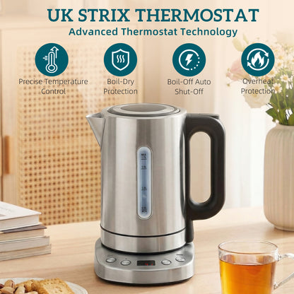 Electric Kettle, 1.7L, Fast Boil, 3kW Water Kettle with UK Strix Thermostat, Keep Warm Function, LCD Base, Silver Tone
