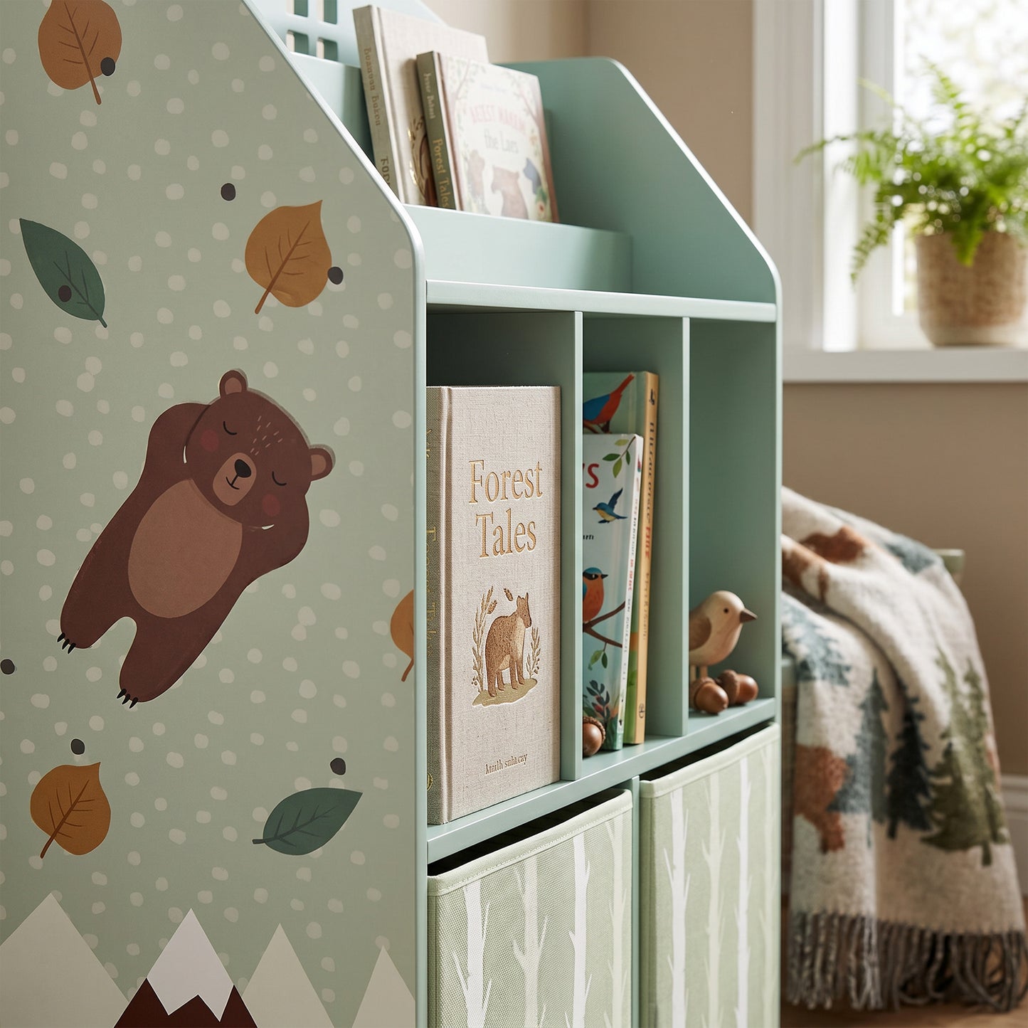 Kids Bookshelf with Storage, Toy Storage Unit with Book Display, Shelves and Fabric Drawers for Playroom Nursery, Green