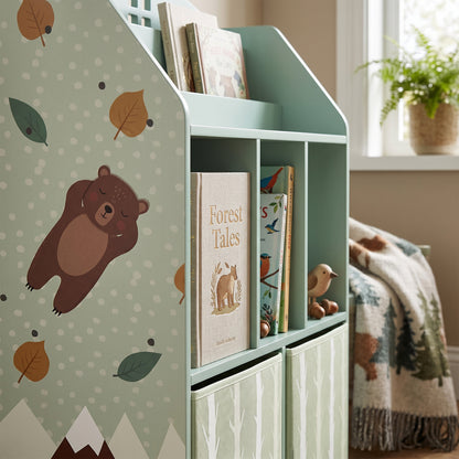 Kids Bookshelf with Storage, Toy Storage Unit with Book Display, Shelves and Fabric Drawers for Playroom Nursery, Green
