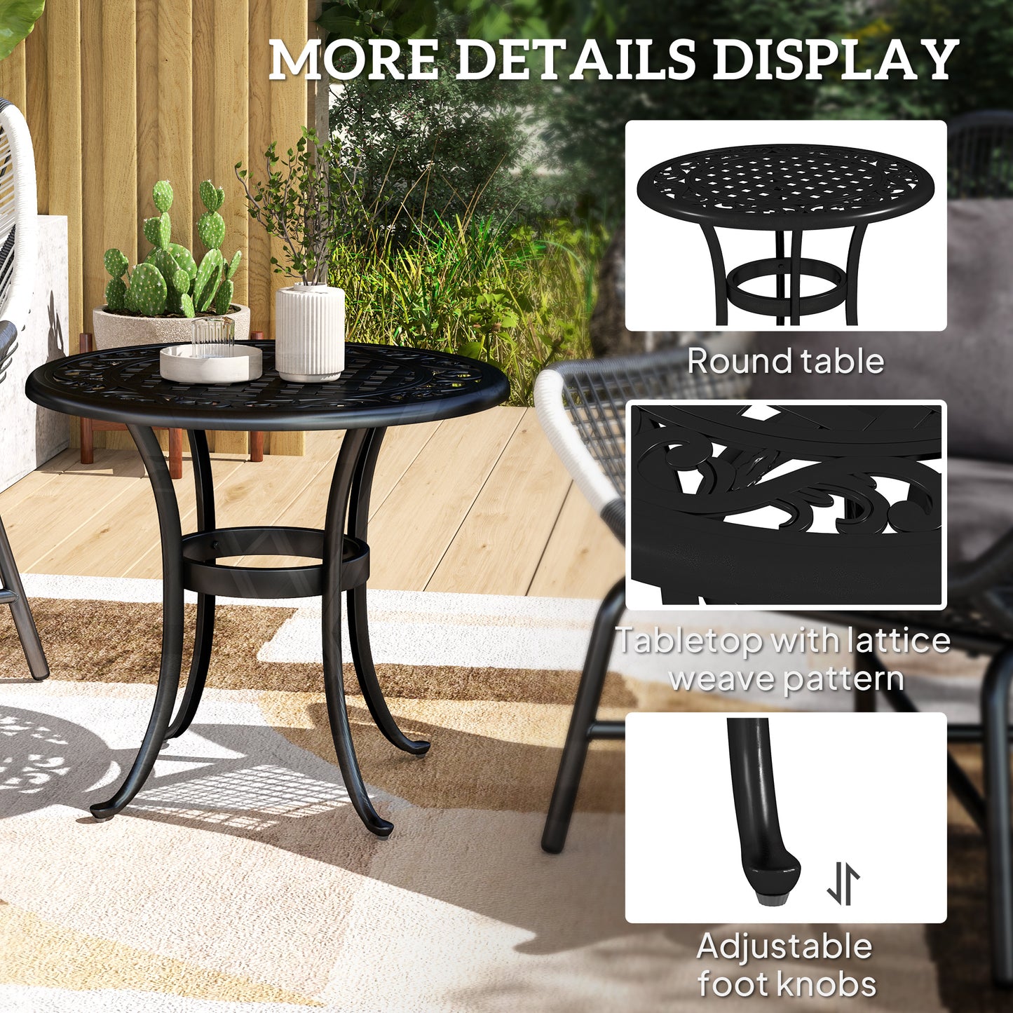 Outdoor Garden Table, Cast Aluminium Patio End Table with Anti-slip Foot Pads for Garden, Patio, Balcony, 60 x 60 cm, Black