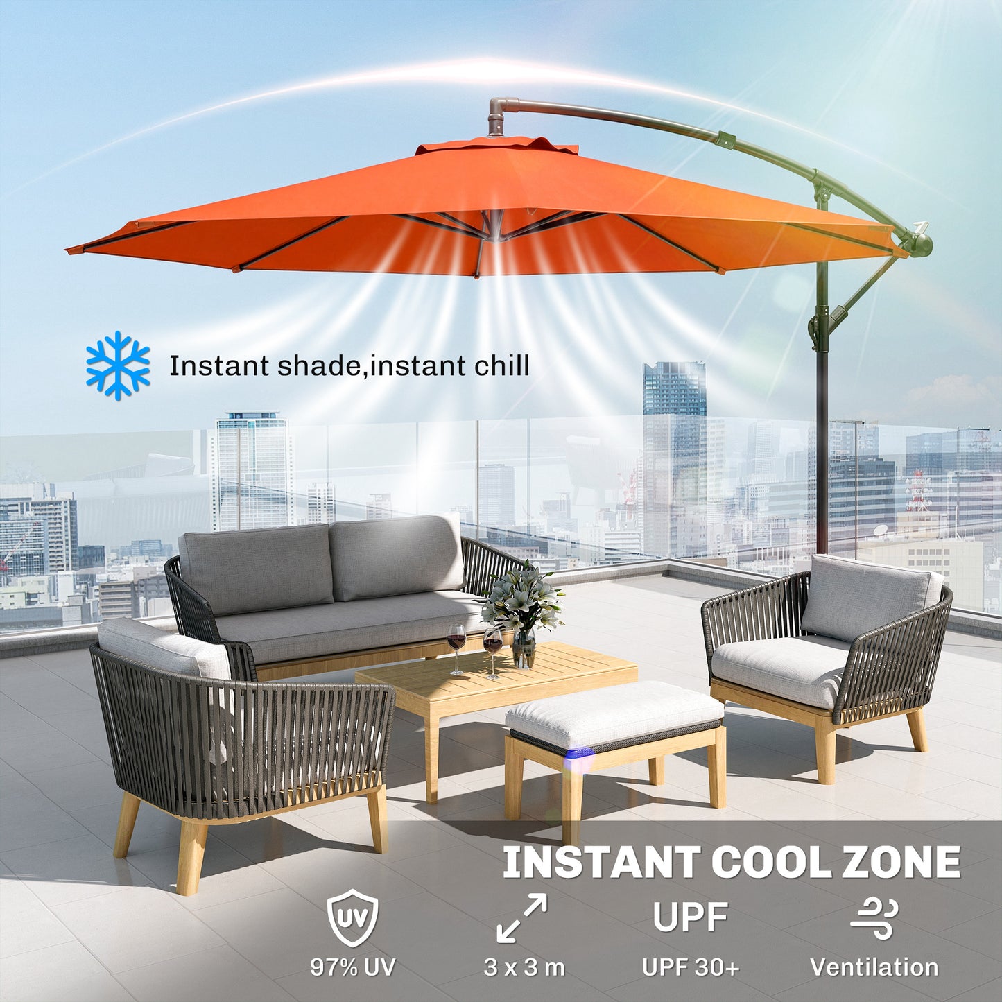 3 m Overhanging Cantilever Parasol, with Cross Base - Orange
