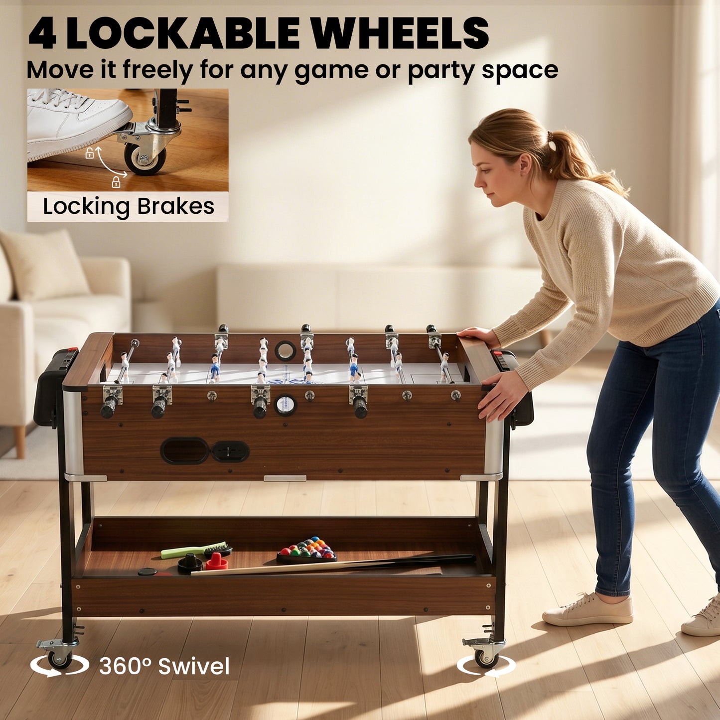 3 in 1 Multi Game Table, 3.4ft Reversible Air Hockey Pool Football Games Table with Lockable Wheels, Storage Shelf