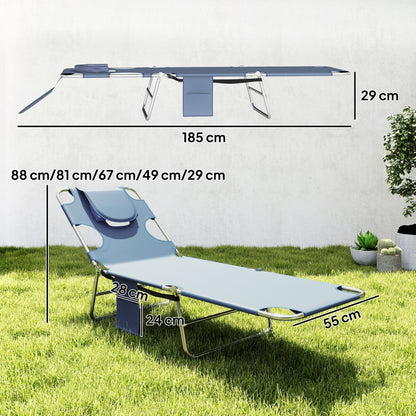 5-Position Adjustable Sun Loungers Set of 2 with Reading Hole and Side Pocket, Grey