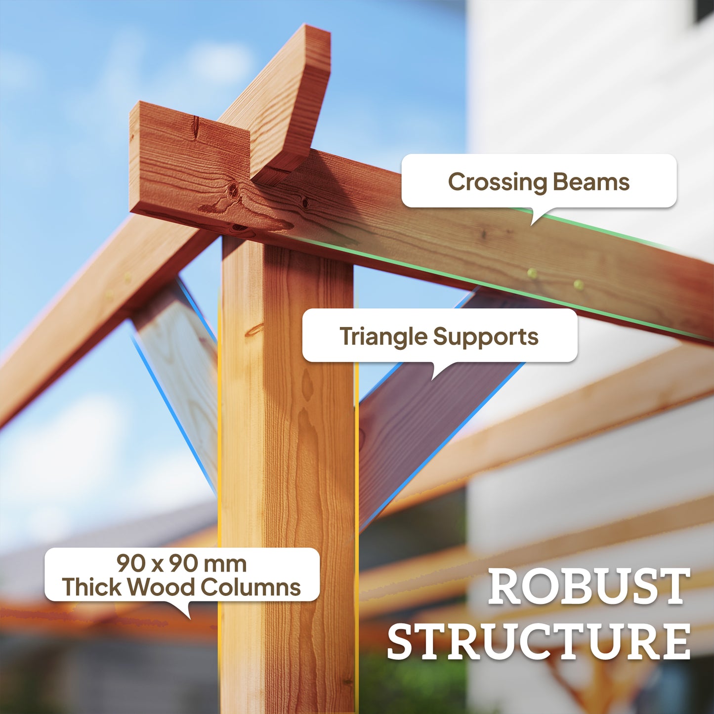 3 x 3 m Wooden Pergola Kit, Garden Pergola Gazebo Grape Trellis with Triangle Supports, 5 Beams, Maple Wood-effect