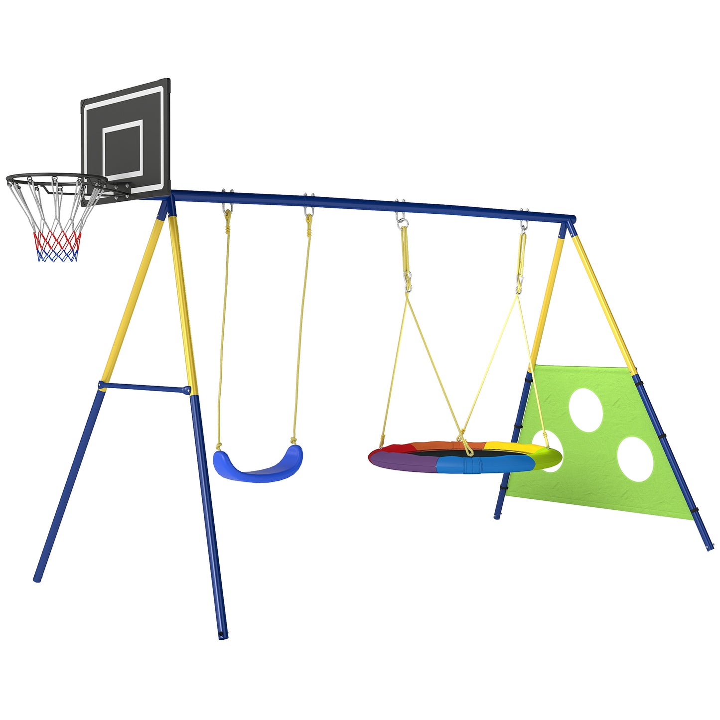4-in-1 Kids Swing Set with Saucer Swing, Basketball Hoop and Football Goal, Outdoor Playground Playset for Garden