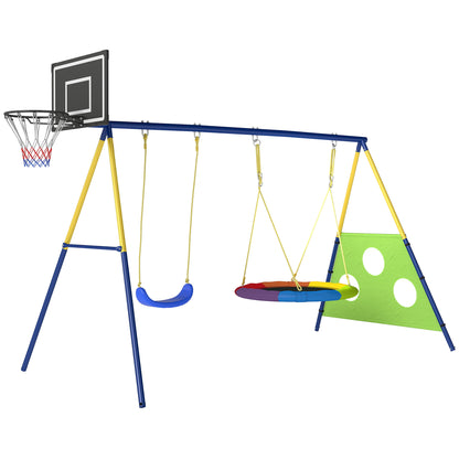 4-in-1 Kids Swing Set with Saucer Swing, Basketball Hoop and Football Goal, Outdoor Playground Playset for Garden