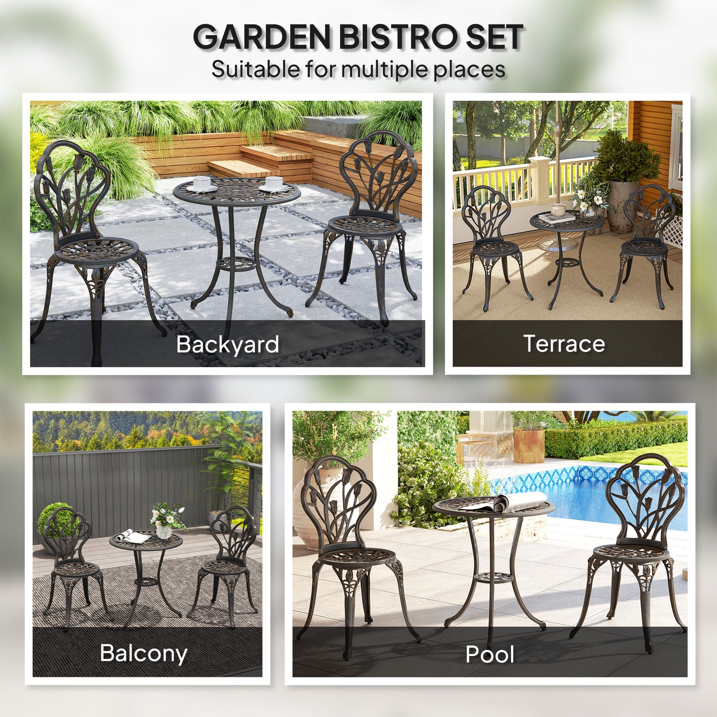 3 Piece Patio Bistro Set for 2, Outdoor Aluminium Garden Table and Chairs with Umbrella Hole for Balcony, Bronze Tone