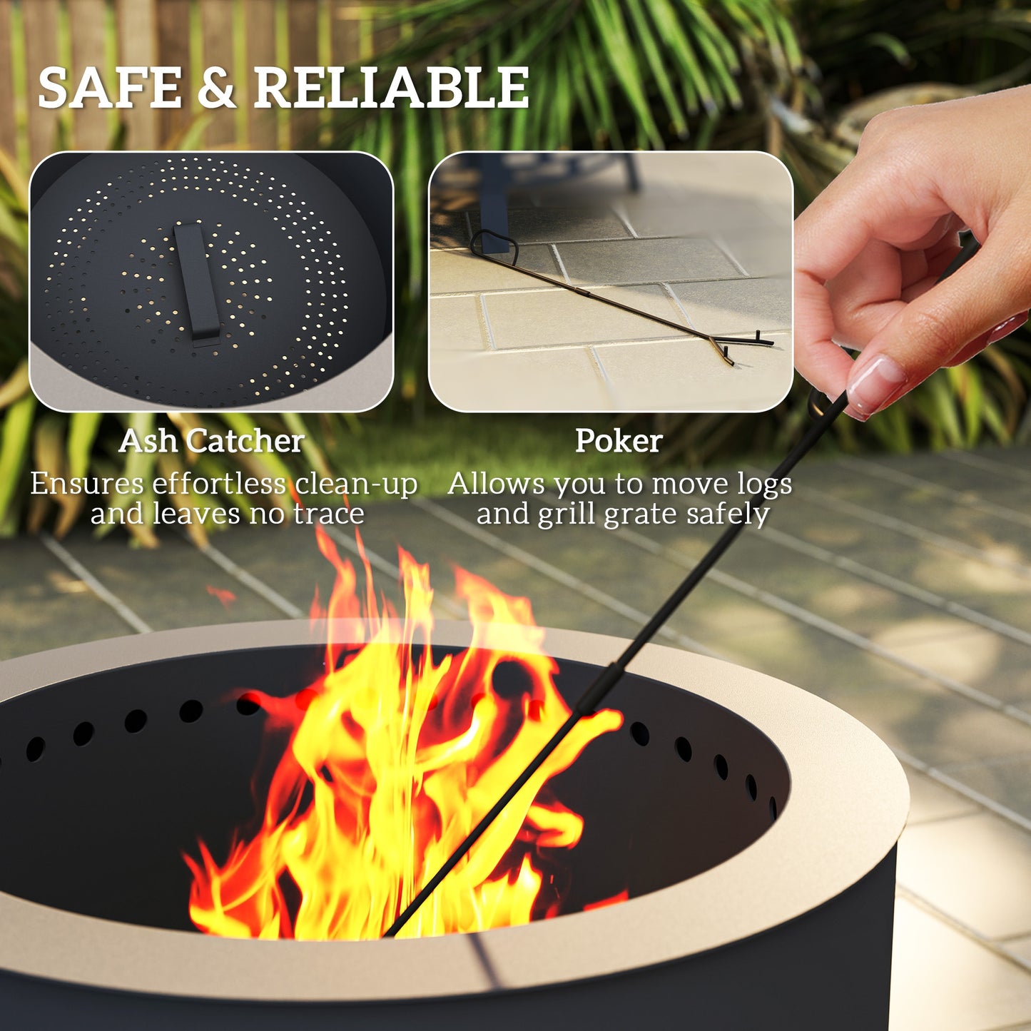 Portable Fire Pit, 58 cm Round Firepit with Grill Grate, Fire Bowl with Ash Catcher and Poker