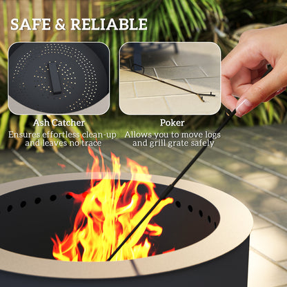 Portable Fire Pit, 58 cm Round Firepit with Grill Grate, Fire Bowl with Ash Catcher and Poker
