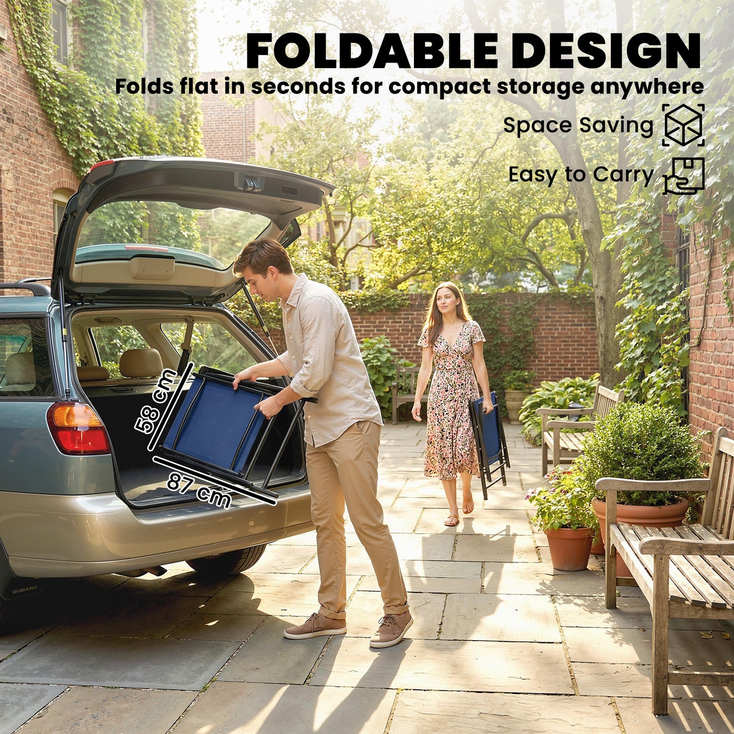Folding Garden Chairs Set of 2, Foldable Garden Dining Chairs with High Back, Armrests, Texteline Seat, Navy Blue