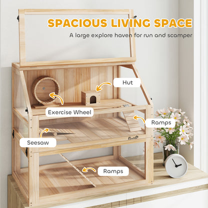 Wooden Hamster Cage with Detachable 31cm Deep Bottom, Hut, Seesaw, Exercise Wheel, Ramp, 80 x 50 x 76cm, Natural
