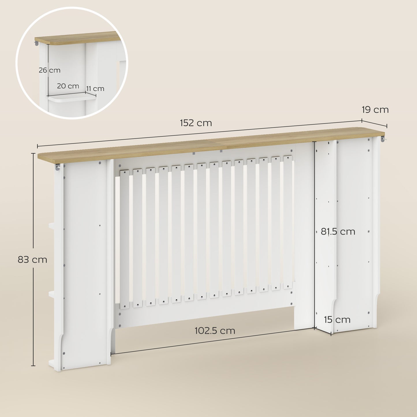 Radiator Cover with Open Storage Shelves, Vertical Slatted Cabinet Shelf Heater Cover for Living Room, Hallway, Large, White