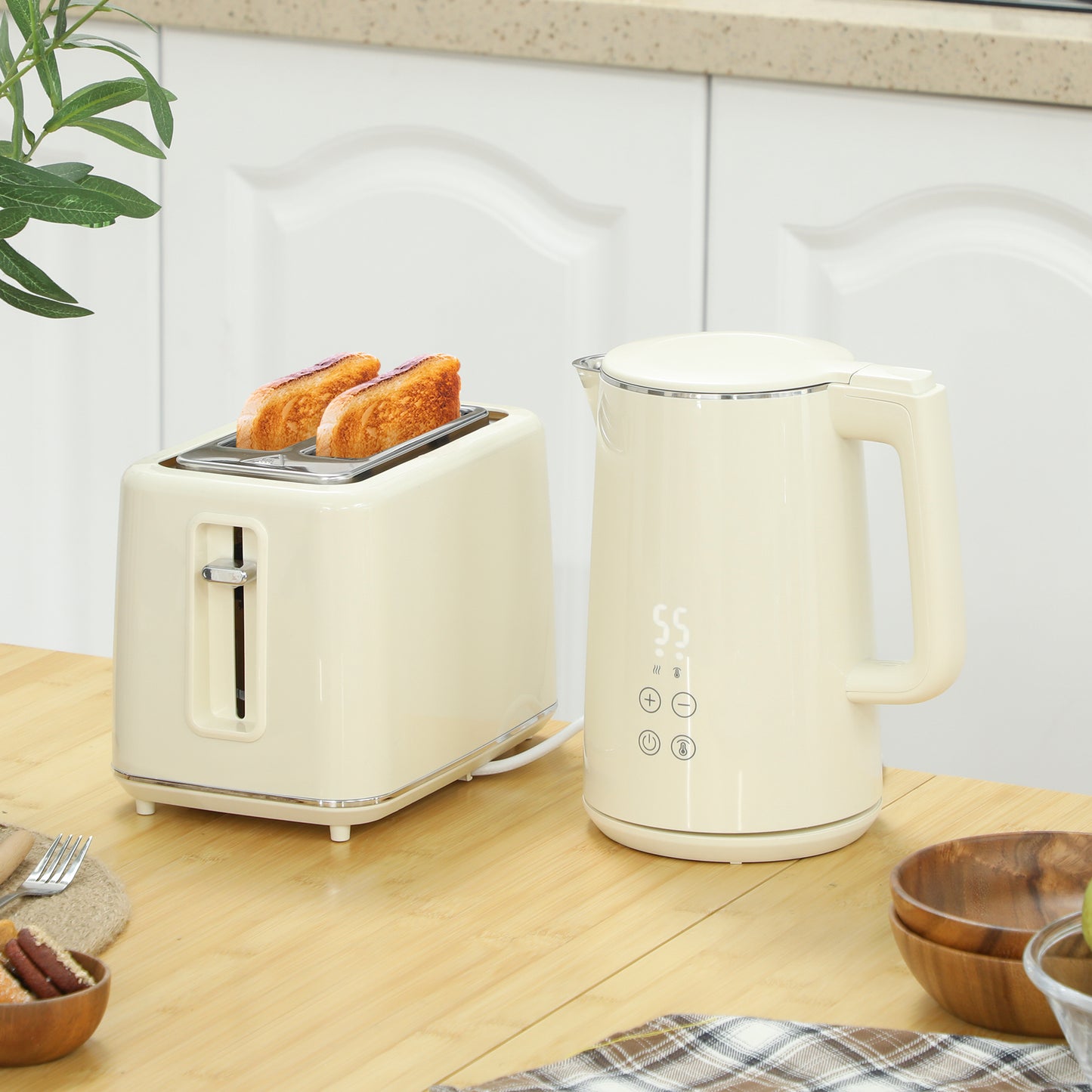 Digital Stainless Steel Kettle and Toaster Set, 1.5L 3000W Fast Boil Kettle, 2 Slice Toaster with 7 Level Browning Controls