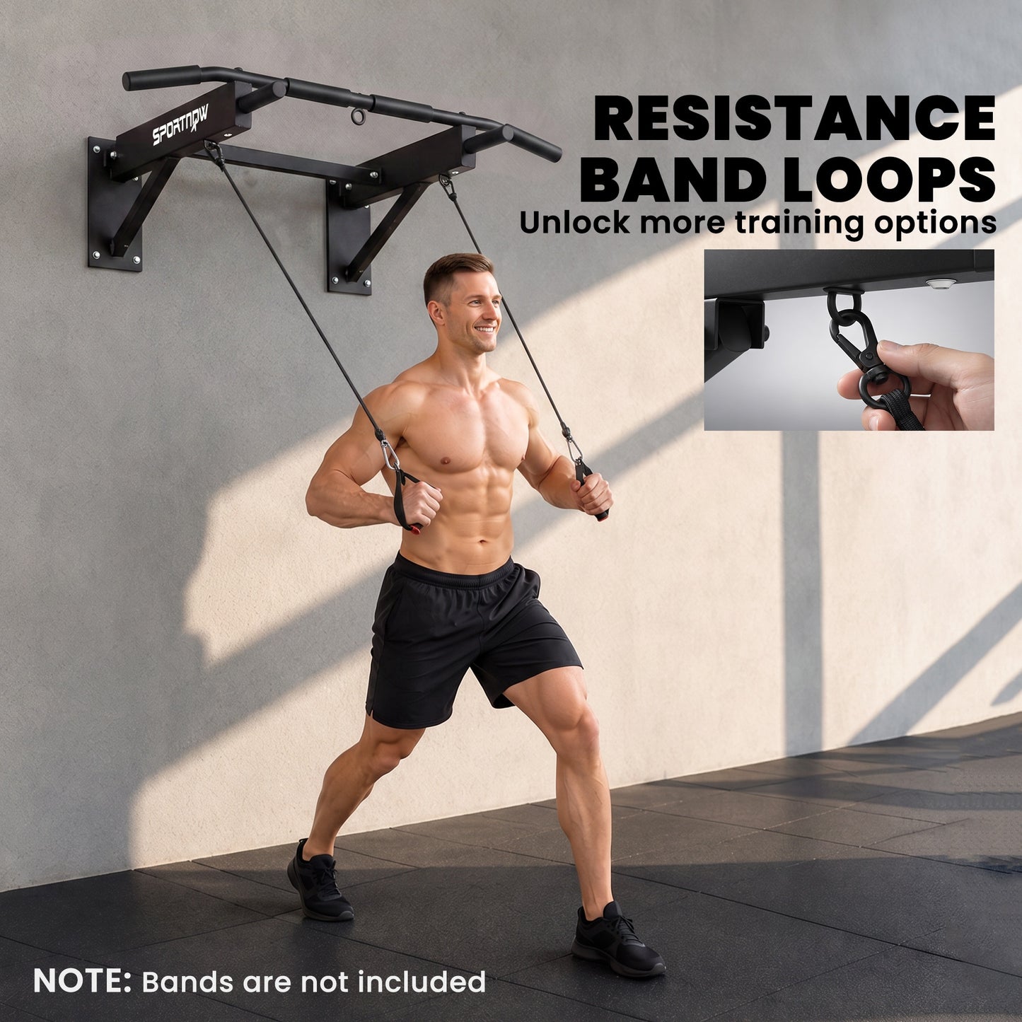 Pull Up Bar Wall Mounted Chin Up Bar with Folding Design, 3 Hooks for Resistance Bands, Supports up to 120 kg, Black