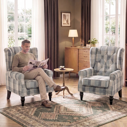 Faux Linen Armchair with Thick Spring Cushion, Wingback Accent Chair with High Back, Solid Wood Legs, Mixed Plaid