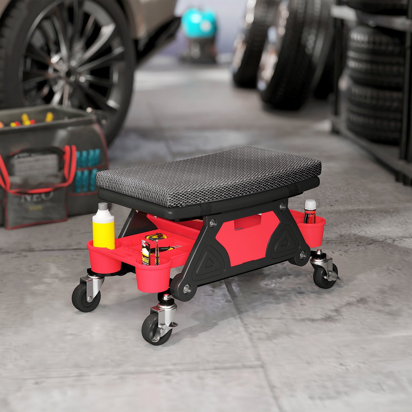 Rolling Mechanic Stool, 135kg Capacity Workshop Stool, 360° Swivel Roller Padded Creeper Seat with Wheels