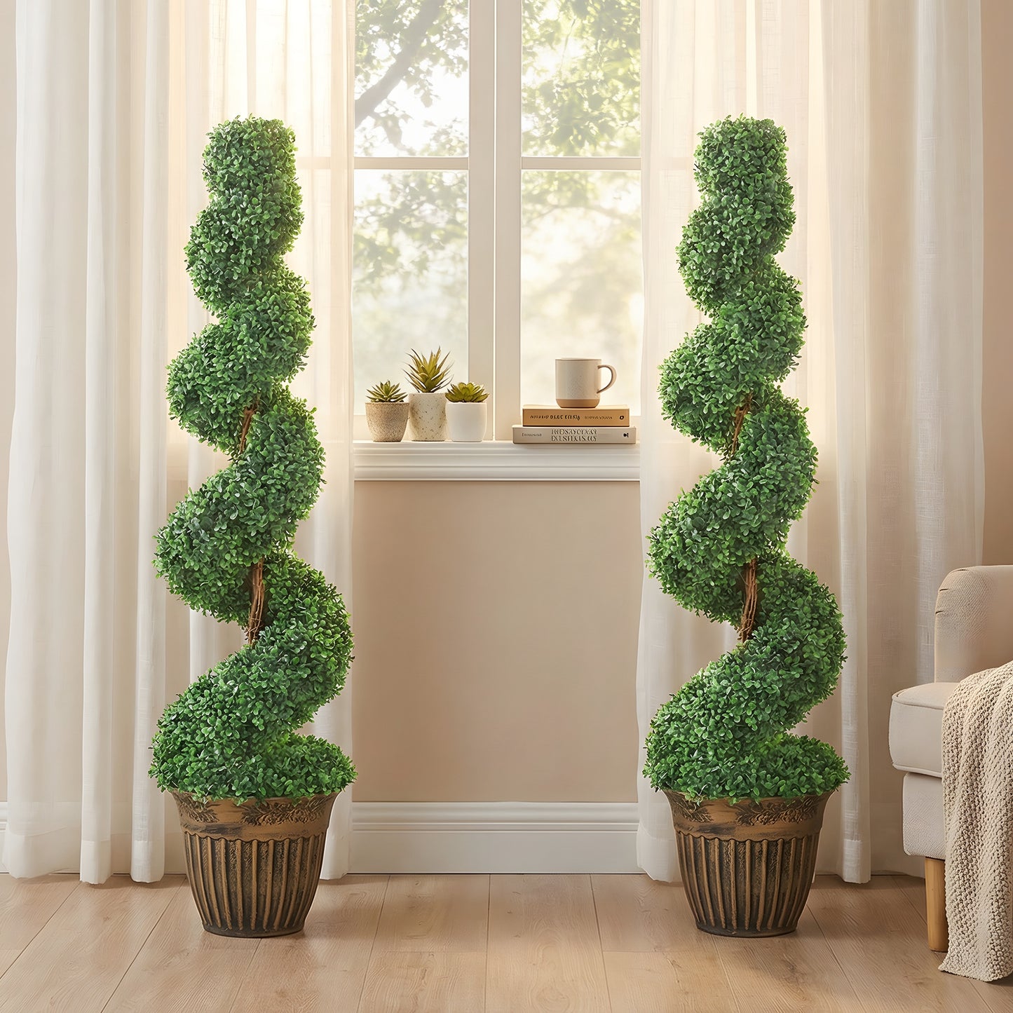 Set of 2 Artificial Plants, Topiary Spiral Boxwood Trees with Pot, for Home Indoor Outdoor Decor, 120cm