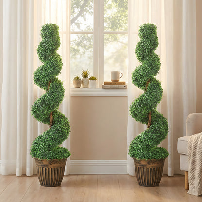 Set of 2 Artificial Plants, Topiary Spiral Boxwood Trees with Pot, for Home Indoor Outdoor Decor, 120cm
