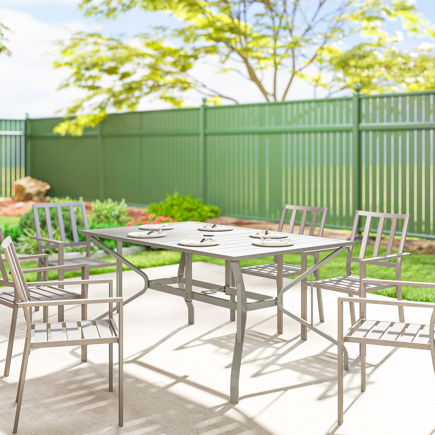 Rectangle Garden Table with Parasol Hole, Outdoor Dining Table for 6, Patio Table for Balcony, 150cm x 90cm, Light Grey