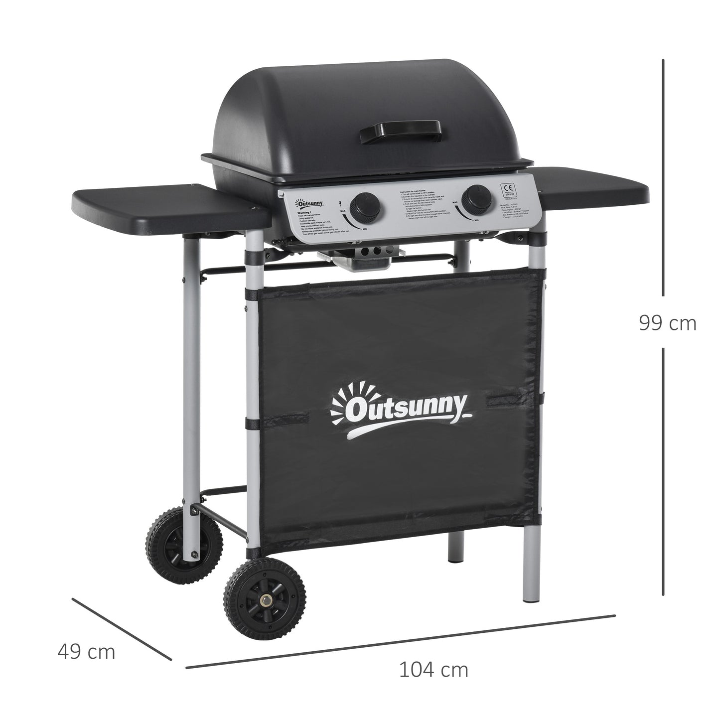 2 Burner Gas BBQ Trolley with Lid, 5.6 kW Gas Barbecue Grill with Wheels