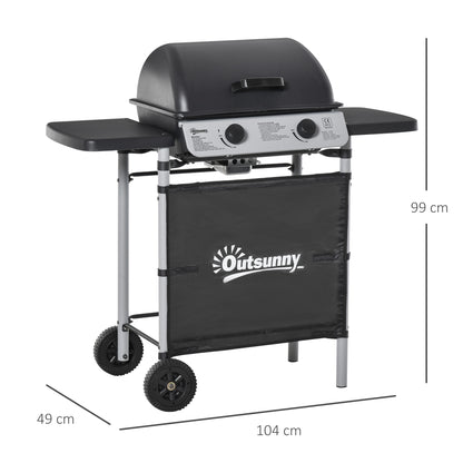 2 Burner Gas BBQ Trolley with Lid, 5.6 kW Gas Barbecue Grill with Wheels