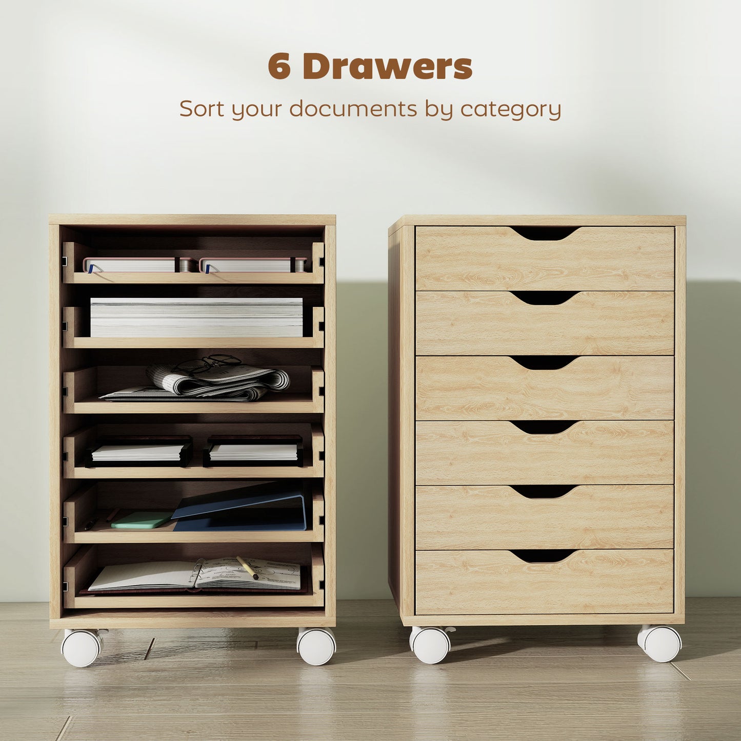 6 Drawer Vertical File Cabinet, Mobile Filing Cabinet with Quiet Drawers and Wheels with 2 Brakes, Oak Wood Effect