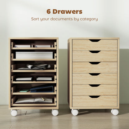 6 Drawer Vertical File Cabinet, Mobile Filing Cabinet with Quiet Drawers and Wheels with 2 Brakes, Oak Wood Effect