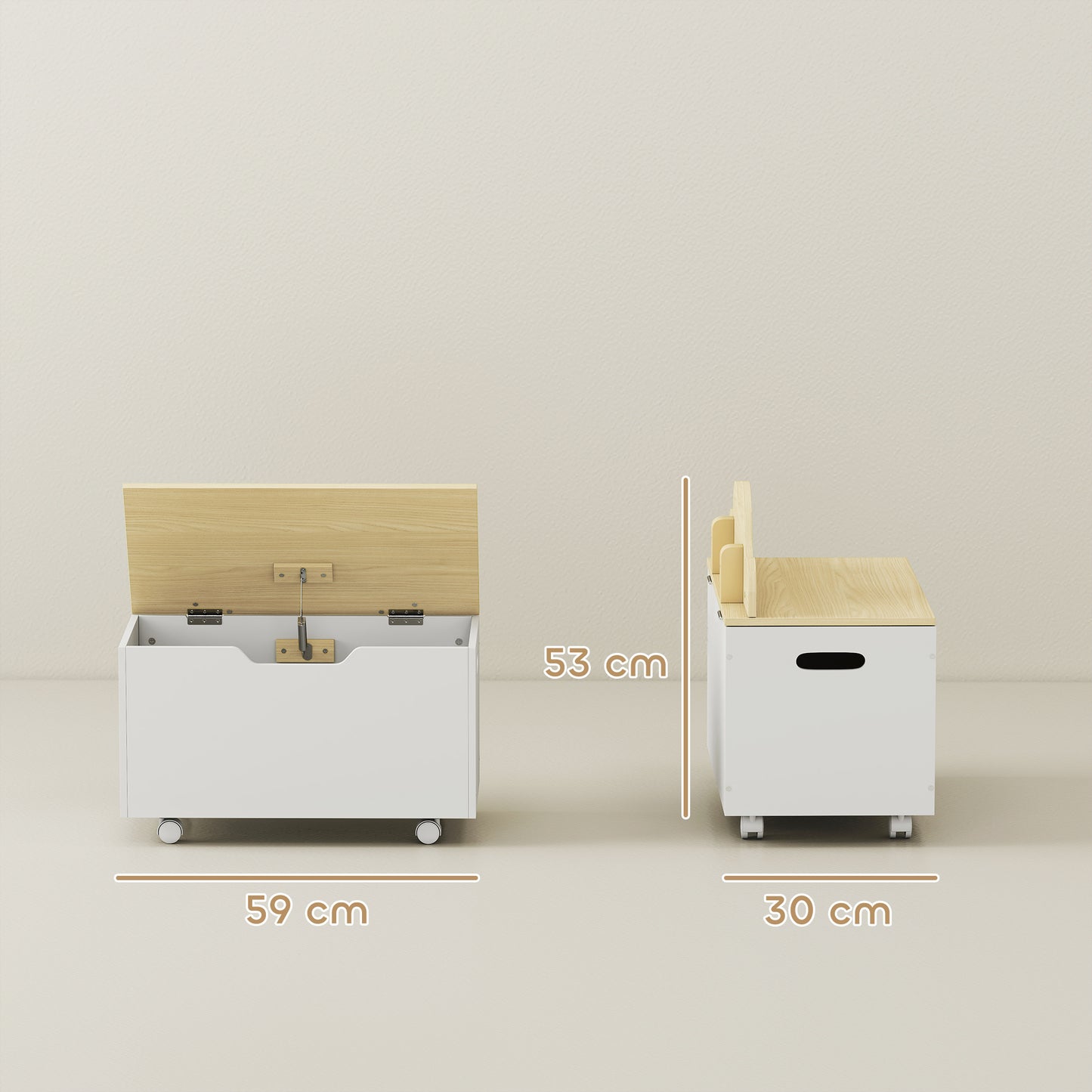 Toy Box with Lid, Toy Chest with Wheels and Safety Hinges, Toddler Storage Organiser for Playroom, Bedroom, White