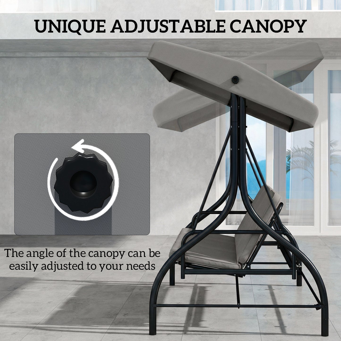 3 Seater Canopy Swing Chair, 2 in 1 Garden Swing Seat Bed, with Adjustable Canopy and Metal Frame, Light Grey