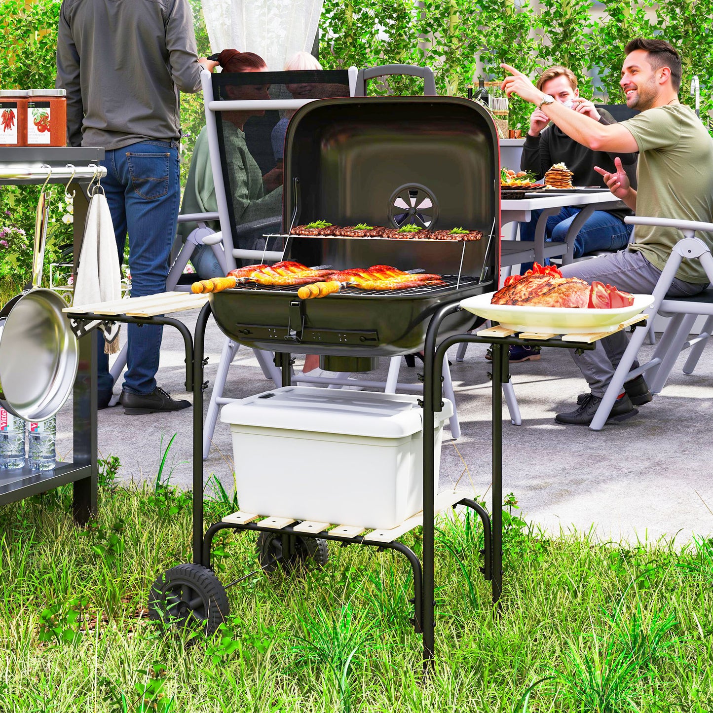 Charcoal Barbecue Grill Portable BBQ Grill with 1840 cm² Cooking Area, 3 Shelves, Adjustable Vent, Lockable Lid