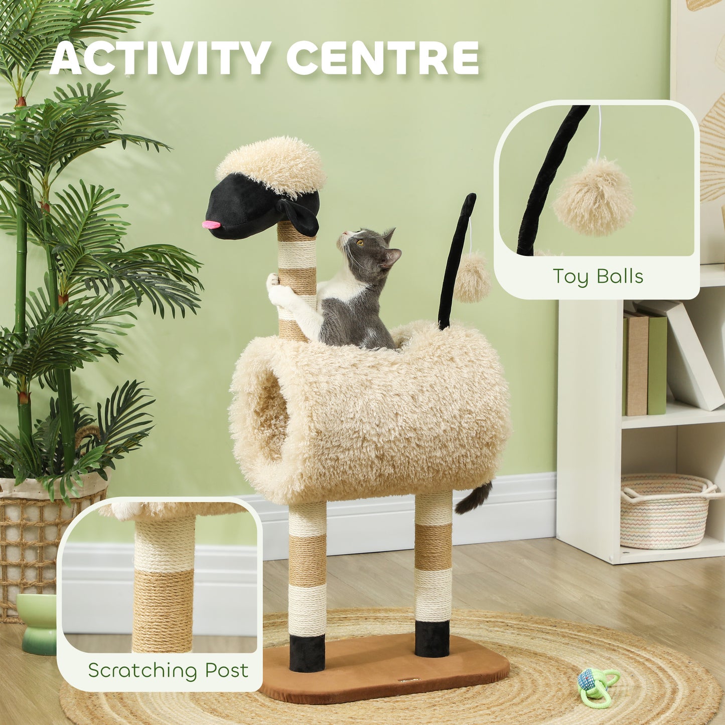 Cat Tree Sheep Design, 98 cm Multi-Level Cat Tower with Scratching Posts, Tunnel & Play Ball, Light Brown