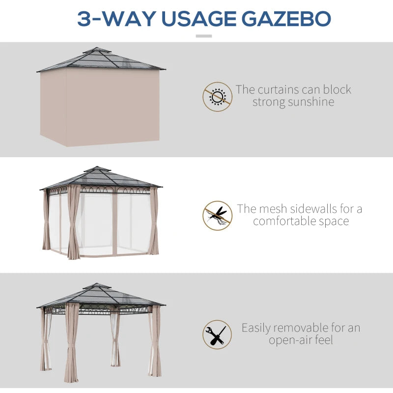 Hard Top Double Polycarbonate Roof Gazebo with Nettings & Curtains - 3x3 (m) - Grey Clear / Khaki