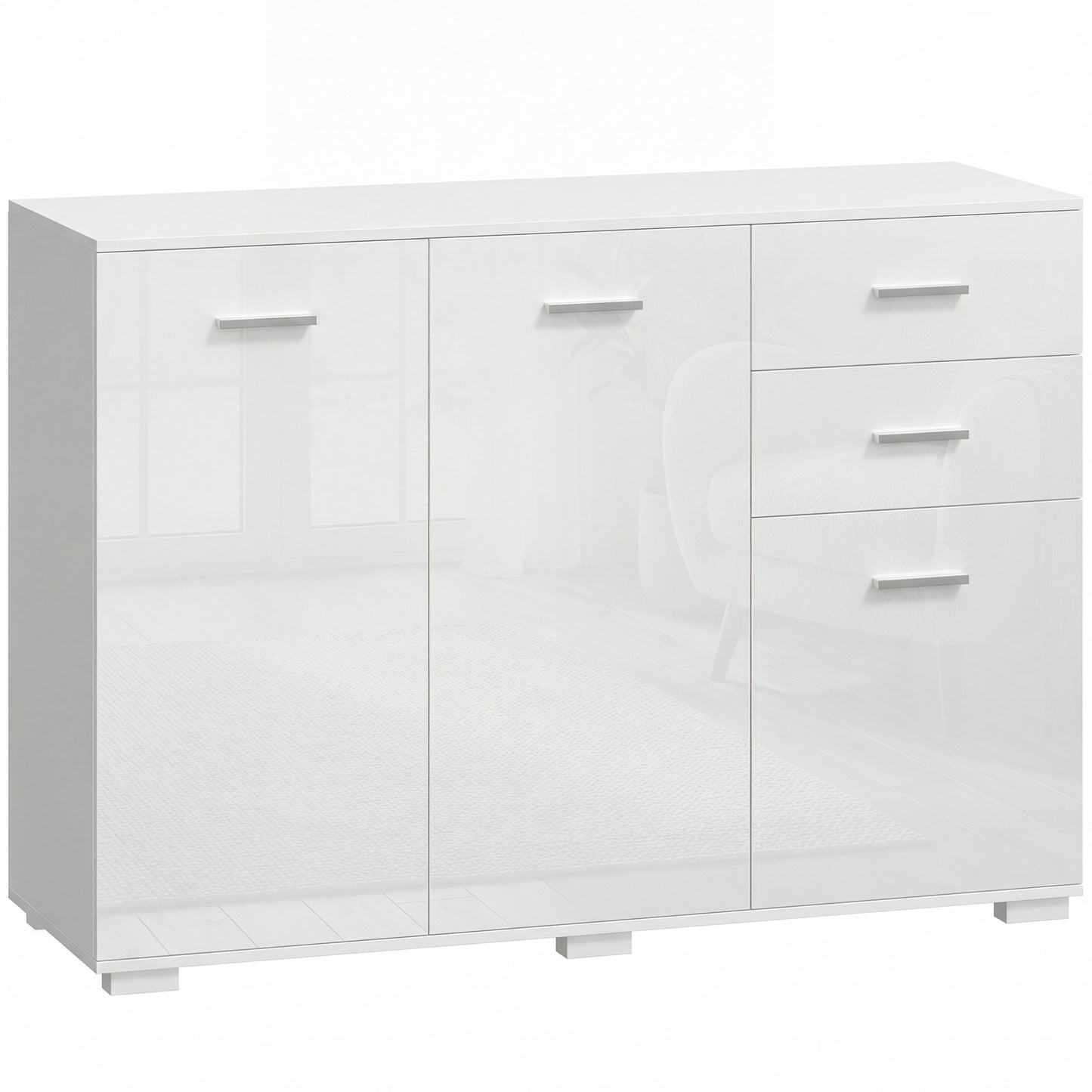 Sideboard, Modern Storage Cabinet with 2 Drawers, 3 Doors and Adjustable Shelves, High Gloss White