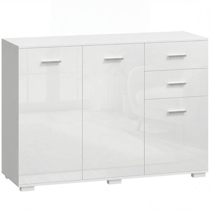 Sideboard, Modern Storage Cabinet with 2 Drawers, 3 Doors and Adjustable Shelves, High Gloss White
