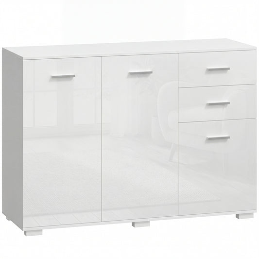 Sideboard, Modern Storage Cabinet with 2 Drawers, 3 Doors and Adjustable Shelves, High Gloss White